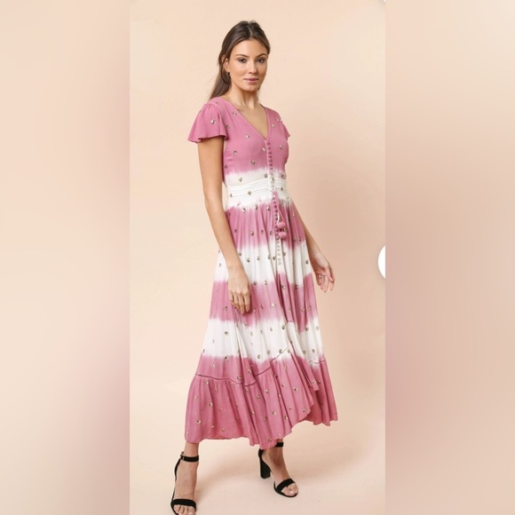 GOA‎ Paris Blue & White Asymmetric Hem V Neck Midi Dress Floaty Fairycore Sz M - Picture 12 of 14